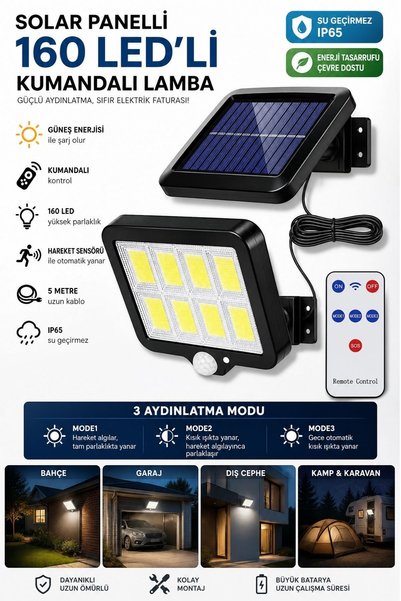Buffer ® 160 LED Solar Bahçe Aydınlatması, 6'lı Güneş Panelli LED Lamba, 5 Me...