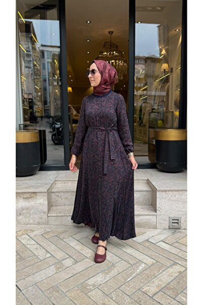 MissWhence 40827 Kuşaklı Kadın Elbise Bordo Desenli