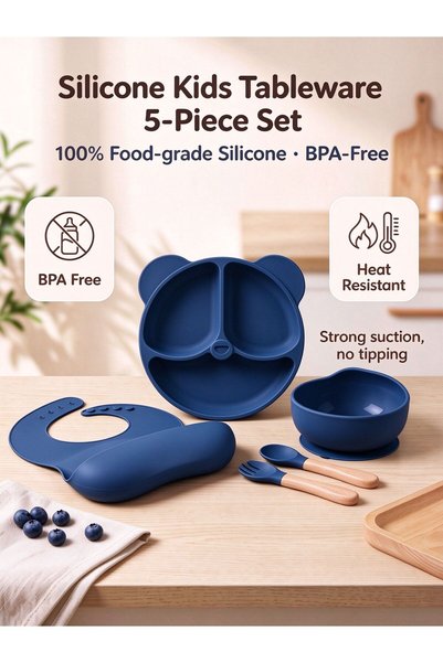Generic Brand طقم تغذية للأطفال من السيليكون باللون الأزرق البحري، طبق بتصميم...