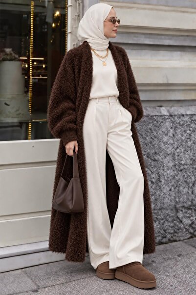 AFVENTE Perla Women's Long Angora Cardigan – Soft Textured Long Cardigan Brown