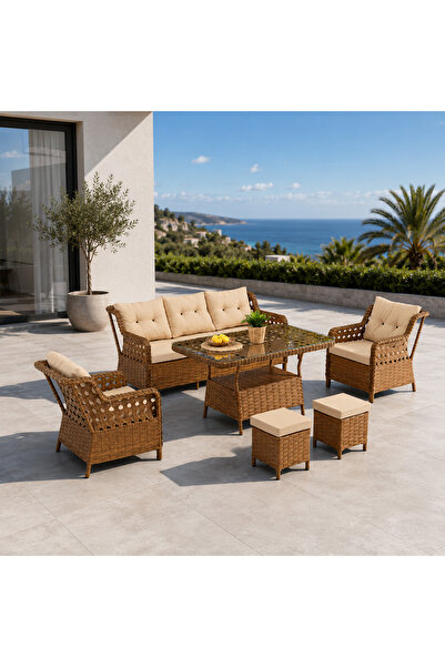 PAZARACTİVE Rattan Bahçe Balkon Takımı 3+1+1 Puf Camlı Masa Rattan Takımı Kah...