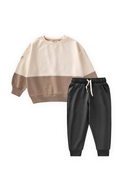 Cigit Garnili Sweatshirt İnce Mevsimlik Takım 8-12 Yaş Ekru Antrasit