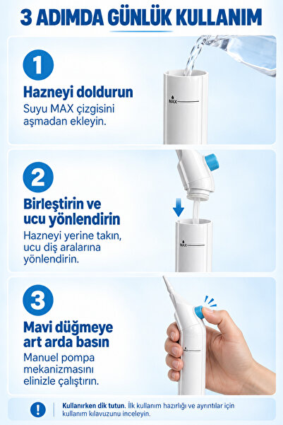 ALFAGİFT Manuel Ağız Duşu Diş Duşu Diş Arası Temizleyici Pilsiz Şarjsız Taşınabilir Ağız Bakım Cihazı