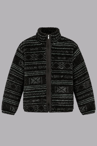 yaje Unisex Siyah Mint Yeşili Etnik Desenli Peluş Mont – Dik Yaka, Fermuarlı,...