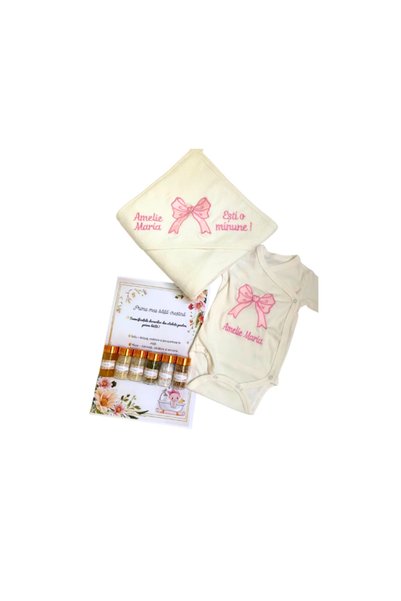 Generic Brand Set Prima Baita Personalizat Bebe, Brodat, Body, Prosop cu capison, 6 Sticlute Mirodenii, Cadou Nou-Nascut, Funda