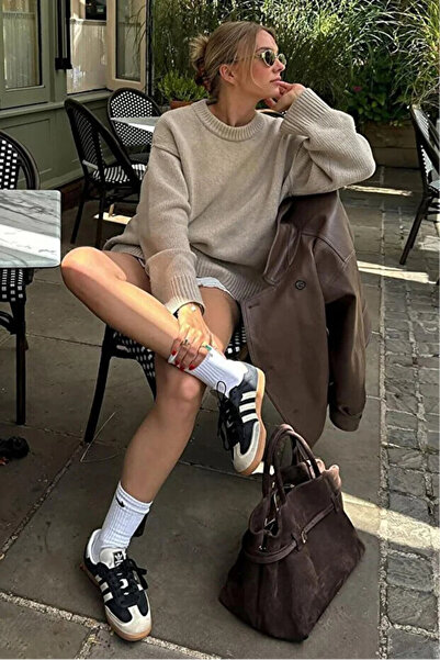 Cloudy Kids Kadın Bisiklet Yaka Oversize Yumuşak Dokulu Bej Triko Kazak Günlü...
