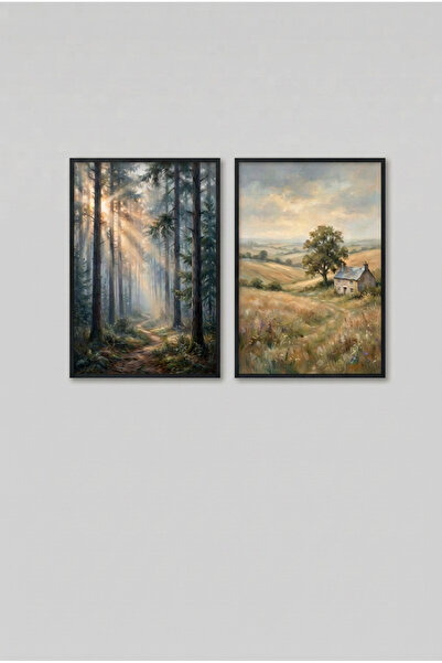 huhuli 2-Piece Pine Forest and Country House Black Wooden Framed Mdf Living Room Painting Set Huhu3308 - Double Painting Set Black Frame