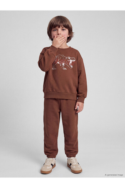 LC Waikiki Özmarka New Season Brown Printed Boys' Tracksuit Set