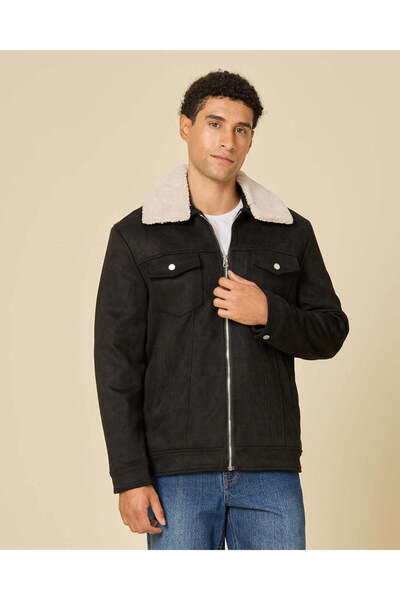 REDTAG Men Black Plain Suede Jacket
