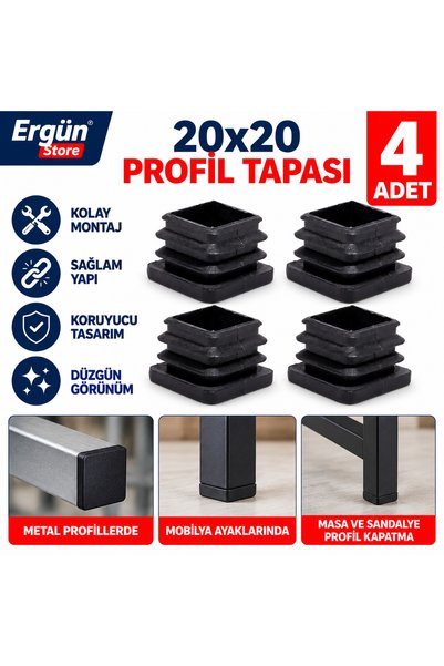 Ergün Store 20x20 Plastik Profil Tapası 4 Adet Kare Profil İç Tapa Geçmeli Pr...