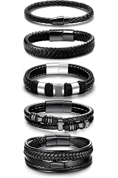 X SPRING Black Leather Bracelets, 5PCS Set of Adjustable Braided Cuff Bracele...