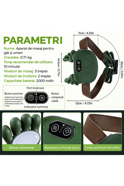 LEIHMANN Aparat de masaj pentru gat si umeri, cu incalzire si incarcare usb-c, verde