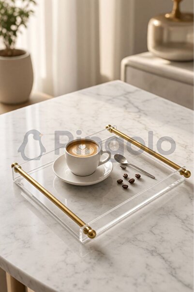 Pingolo Mat Gold Kaplamalı Metal Kulplu Şeffaf Akrilik Sunum Tepsisi (25x19cm)