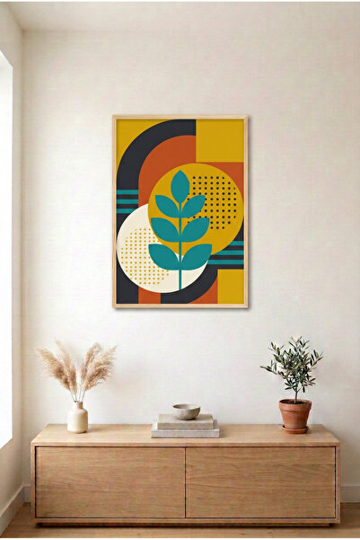 huhuli Leaf and Circular Shapes Wood Framed Mdf Painting - Mid-Century Geomet...