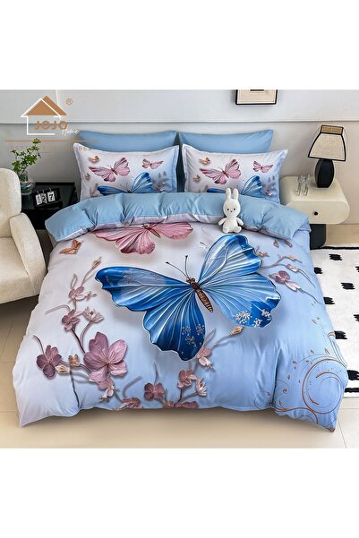 JOJO HOME 🦋 Lenjerie de Pat 6 Piese Bleu | Fluturi & Flori Roz | Imprimeu Di...