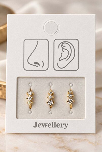 TAKIŞTIR Altın Renk Taşlı Deliksiz Kulak/Burun 3'lü Piercing Set