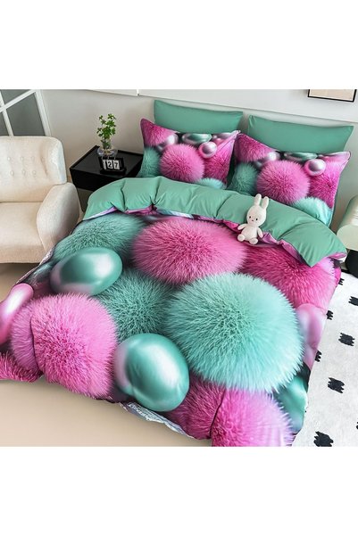 JOJO HOME 💚 Lenjerie de Pat 6 Piese Verde-Menta & Roz | Bule Pufoase 3D | Im...
