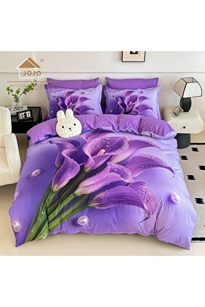 JOJO HOME Lenjerie de pat dublu din finet 5D Purple Calla – Mov Lavanda cu Fl...