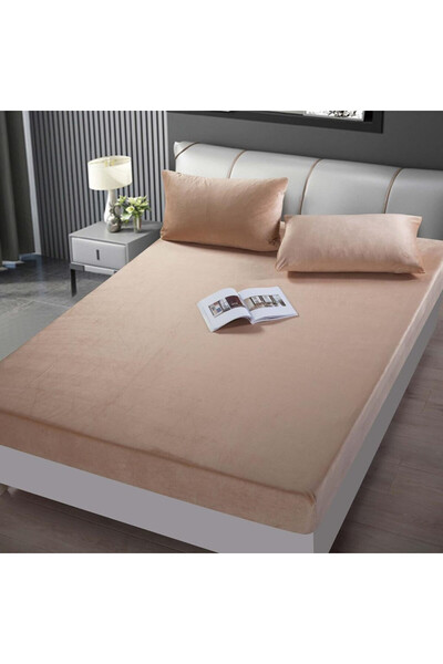 JOJO HOME Husa de pat si 2 fete de perne din catifea, uni, cu elastic, pat 2 ...
