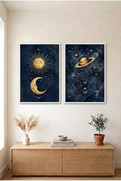 huhuli 2-Piece Sun, Moon and Planet White Wooden Framed Mdf Living Room Paint...