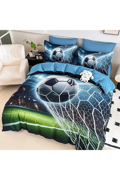 JOJO HOME Lenjerie de pat Finet 5D Albastru cu Minge de Fotbal in Plasa – 6 P...