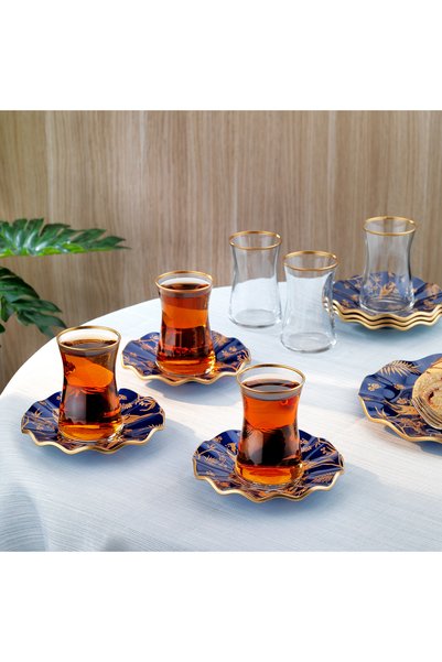 Schafer Golden Bird 6 Kişilik Cam Çay Seti 12 Parça-Lacivert