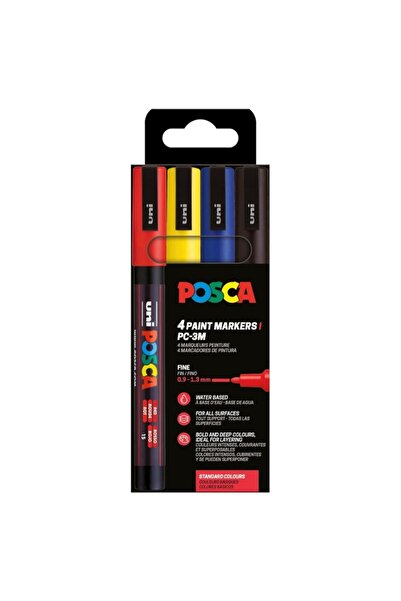 POSCA Marker PC-3M Posca, set 4 culori, 0.9-1.3 mm, varf rotund, culori de baza