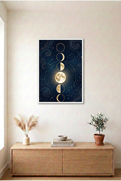 huhuli Moon Phases White Wooden Framed Mdf Painting - Moon and Sky Living Roo...