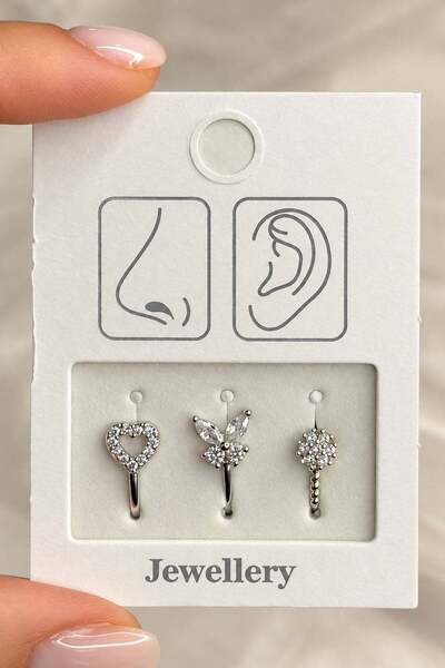 TAKIŞTIR Gümüş Renk Karışık Figürlü Deliksiz Kulak/Burun 3'lü Piercing Set