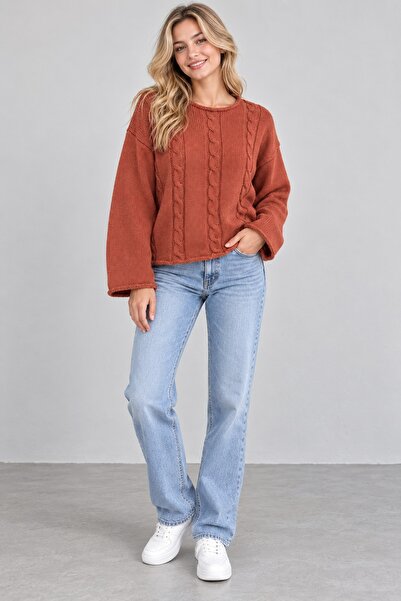 Focus Light Women's Tile Hair Knit Patterned Crew Neck Long Sleeve Crop Knitw...