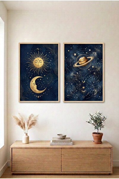 huhuli 2-Piece Sun, Moon, and Planet Wooden Framed Mdf Painting Set - Moon an...
