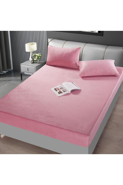 JOJO HOME Husa de pat si 2 fete de perne din catifea, uni, cu elastic, pat 2 ...