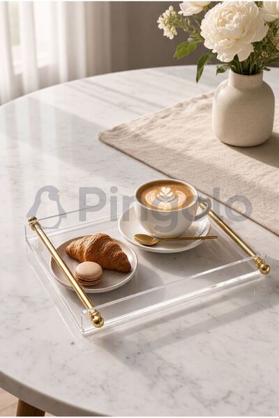 Pingolo Parlak Gold Kaplamalı Metal Kulplu Şeffaf Akrilik Sunum Tepsisi (25x1...