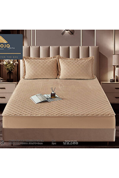 JOJO HOME Husa de pat matlasata si 2 fete de perne din catifea, cu elastic, m...