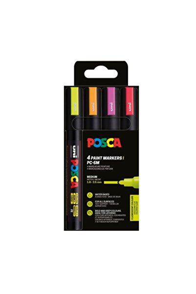 POSCA Marker PC-5M Posca, set 4 culori 18-25 mm, varf rotund, (orange, roz, r...