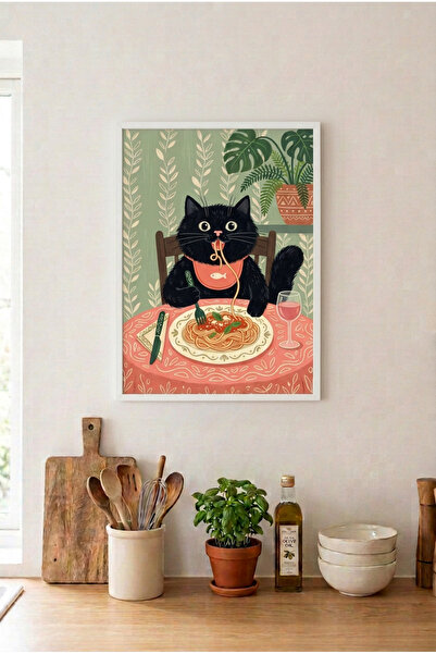 huhuli Cat Eating Pasta White Wooden Framed Mdf Painting - Cat in the Kitchen...