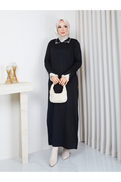 nacar çarşı Women's Polo Collar Cold Yarn Black Knitwear Dress Standard Size ...