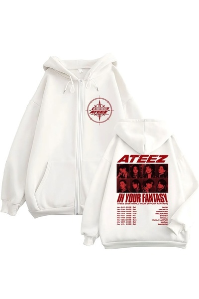 Vordevia Ateez Printed 3 Thread Zippered Cardigan with Ribbon Oversize