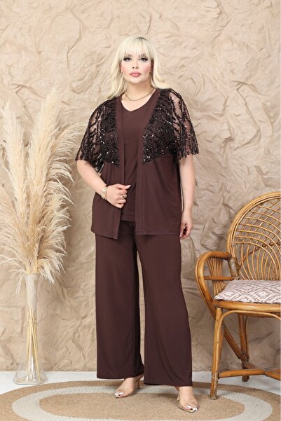 CF MODA Büyük Beden Bluz Pantolon Ceket 3'lü. Takım Kahverengi