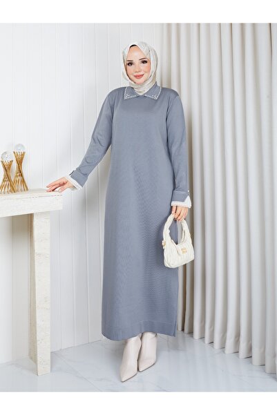 nacar çarşı Women's Polo Collar Cold Yarn Knitwear Dress Standard Size Compat...