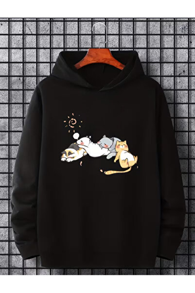 one button Women's Napping Cute Cats Printed Premium Hooded 2-Thread Oversize...