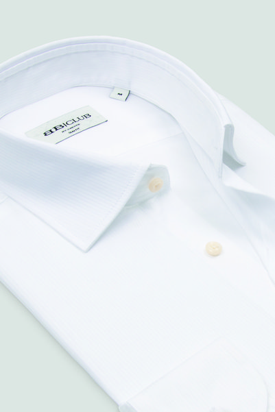 Abbate Bb Club Oscar Herringbone 100% Cotton Slim Fit White Classic Collar Men's Striped Shirt