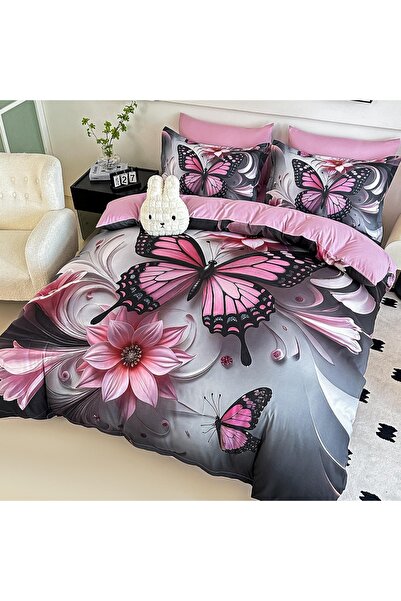 JOJO HOME Lenjerie de pat dublu din finet 5D Roz Pudra cu Fluture si Flori – ...