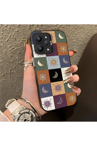 CASEVIBE Redmi 12 4G/5G Uyumlu Güneş Ay Kare Desenli Retro Baskılı Telefon Kı...