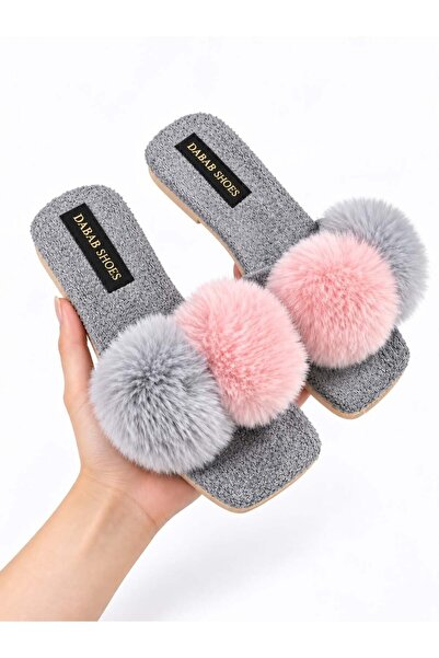 dabab shoes POMELLA Дамски сиви плюшени домашни пантофи с двойни помпони, с л...