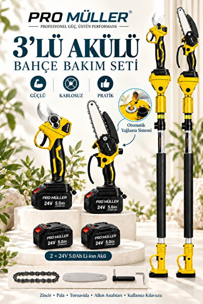 Pro Müller Alman Pro Bahçe 3'Lü Seti 24V Çift Akülü Şarjlı Teleskopik Kollu B...