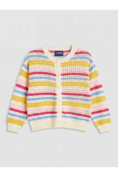 LC Waikiki Crew Neck Striped Girls' Knitwear Cardigan