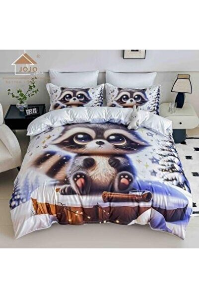 JOJO HOME Lenjerie de pat din finet 5D Alb-Gri cu Raton – 6 piese
