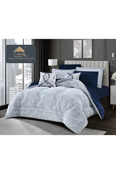 JOJO HOME Set Pat 6 Piese Catifea & Blanita Artificiala Bleumarin | Pilota Du...