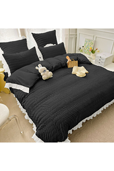 JOJO HOME Lenjerie de pat creponata, 100% bumbac, 2 persoane, 6 piese, negru,...